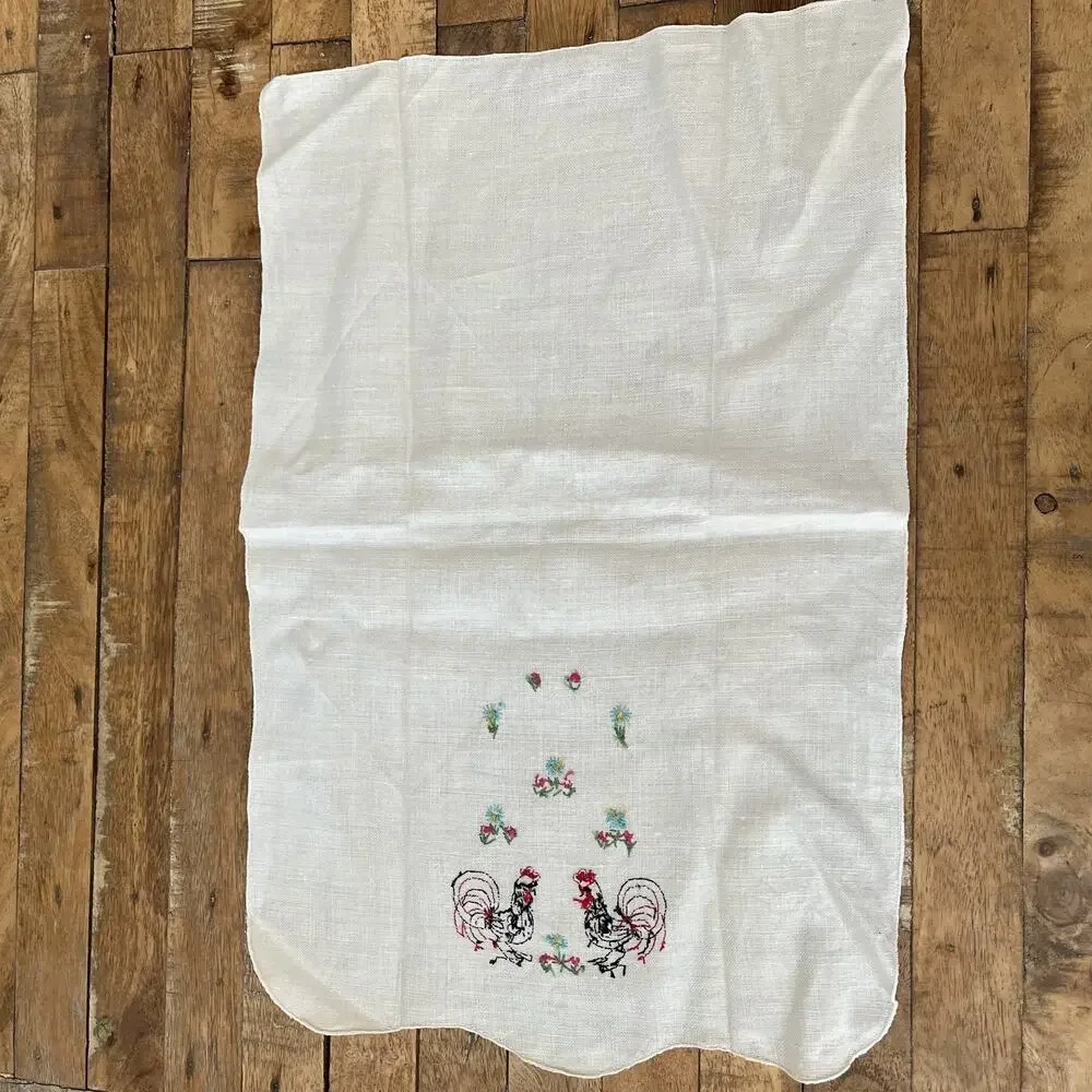 Vintage Cross-Stitch Embroidered Linen Napkins Set of 5 Floral Farmhouse Style